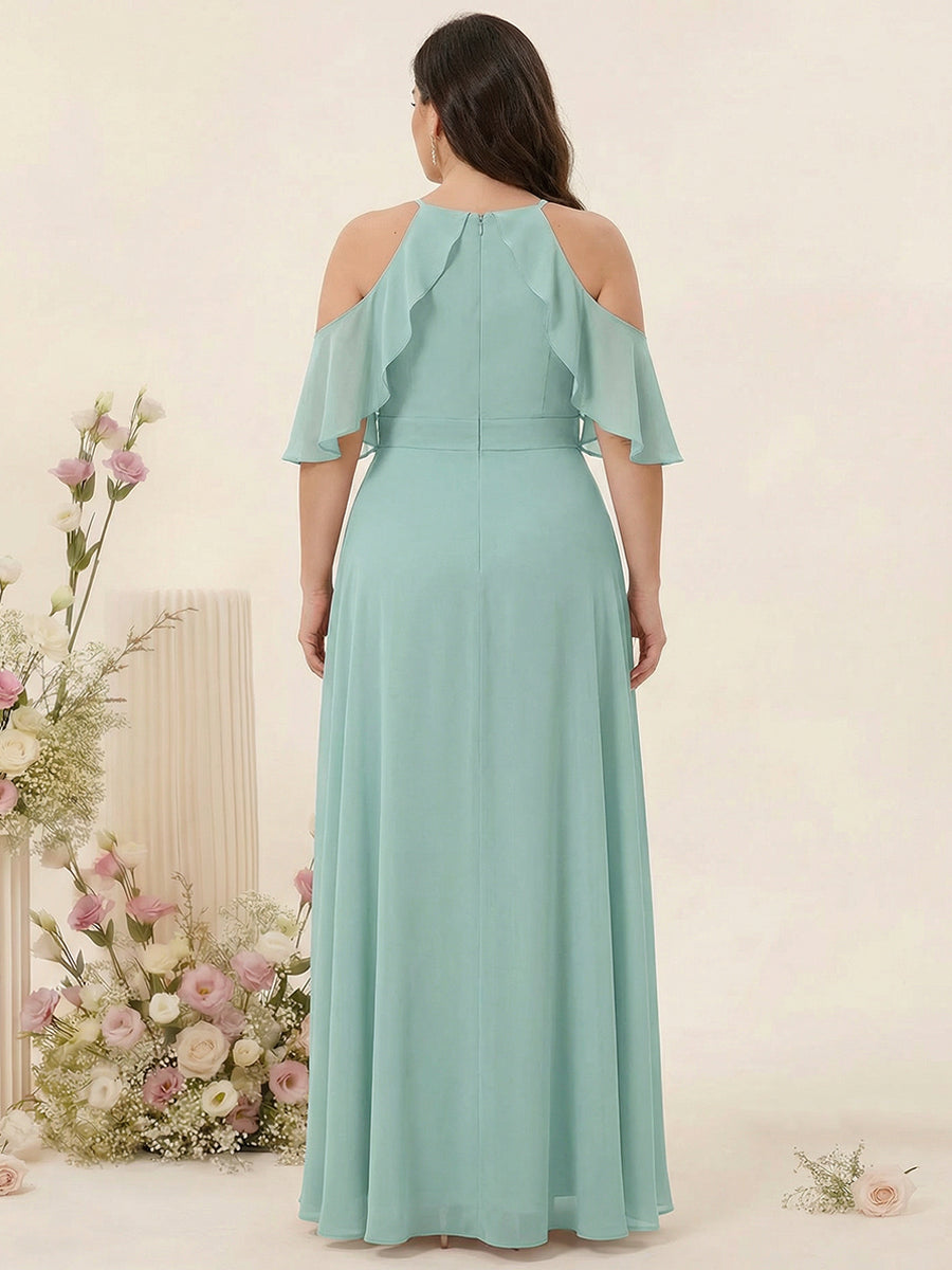 A-Line/Princess Spaghetti Straps Short Sleeves Chiffon Ruched Split Side Plus Size Bridesmaid Dresses with Pockets