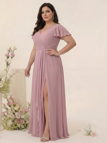 A-Line/Princess V-Neck Short Sleeves Chiffon Ruffles Split Side Plus Size Bridesmaid Dresses with Pockets