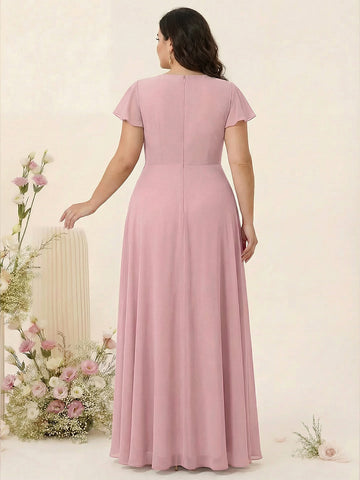 A-Line/Princess V-Neck Short Sleeves Chiffon Ruffles Split Side Plus Size Bridesmaid Dresses with Pockets