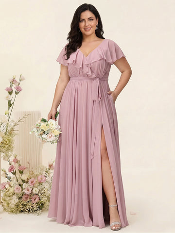 A-Line/Princess V-Neck Short Sleeves Chiffon Ruffles Plus Size Bridesmaid Dresses With Pockets