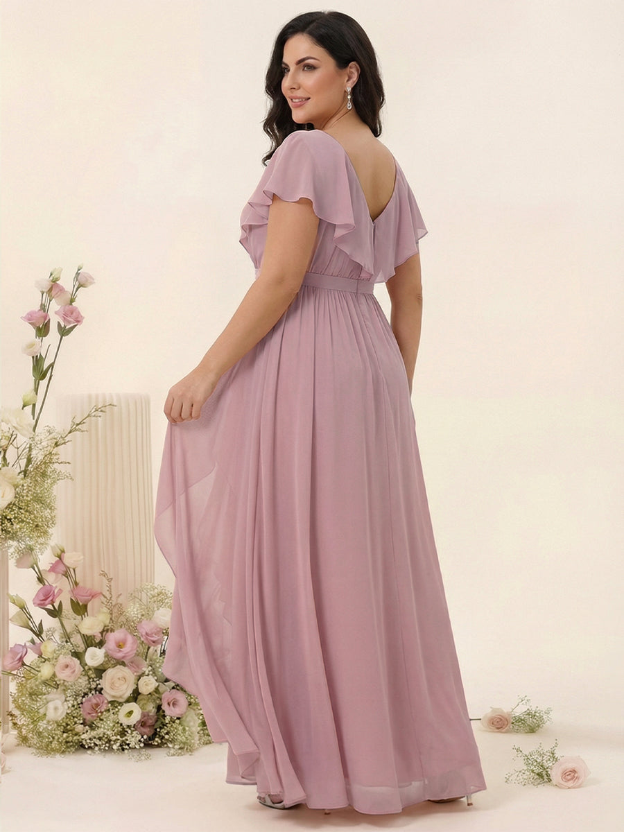 A-Line/Princess V-Neck Short Sleeves Chiffon Ruffles Plus Size Bridesmaid Dresses With Pockets