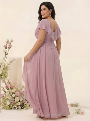 A-Line/Princess V-Neck Short Sleeves Chiffon Ruffles Plus Size Bridesmaid Dresses With Pockets