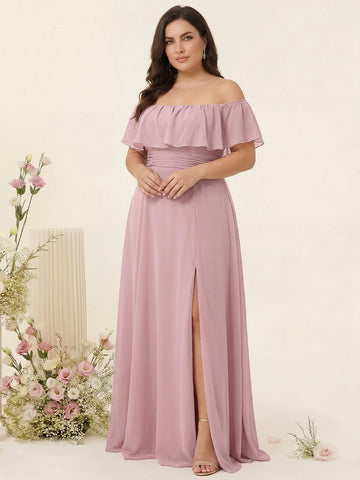 A-Line/Princess Off-the-Shoulder Short Sleeves Chiffon Split Side Plus Size Bridesmaid Dresses with Pockets