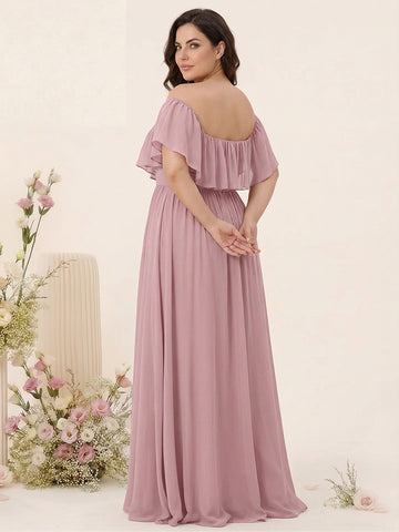 A-Line/Princess Off-the-Shoulder Short Sleeves Chiffon Split Side Plus Size Bridesmaid Dresses with Pockets