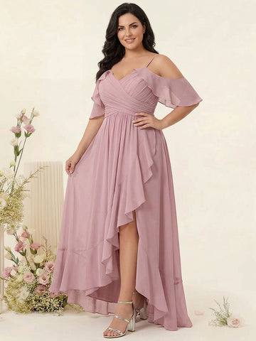 A-Line/Princess Spaghetti Straps V-Neck Short Sleeves Chiffon Ruffles Asymmetrical Plus Size Bridesmaid Dresses