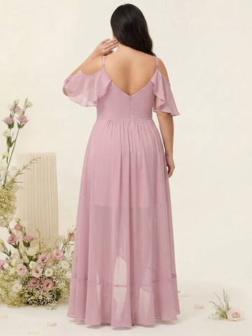 A-Line/Princess Spaghetti Straps V-Neck Short Sleeves Chiffon Ruffles Asymmetrical Plus Size Bridesmaid Dresses