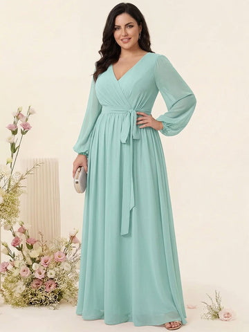 A-Line/Princess V-Neck Long Sleeves Chiffon Plus Size Bridesmaid Dresses with Pockets
