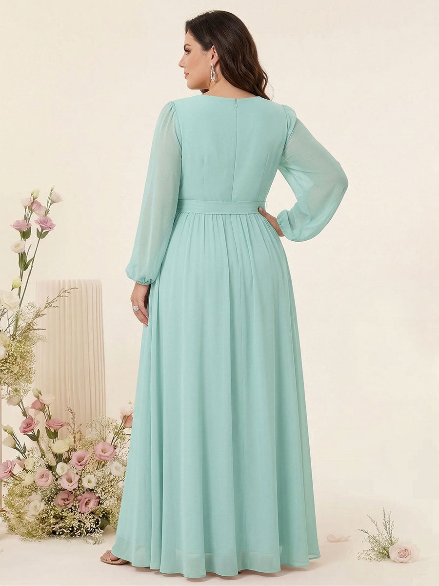 A-Line/Princess V-Neck Long Sleeves Chiffon Plus Size Bridesmaid Dresses with Pockets