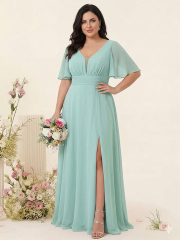 A-Line/Princess V-Neck Half Sleeves Chiffon Plus Size Bridesmaid Dresses with Pockets