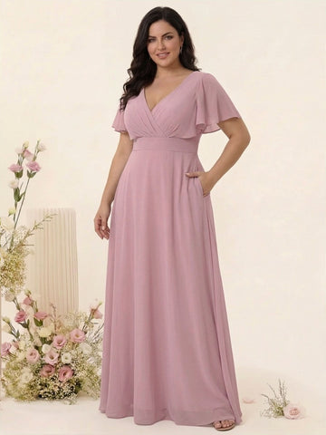 A-Line/Princess V-Neck Short Sleeves Chiffon Plus Size Bridesmaid Dresses with Pockets