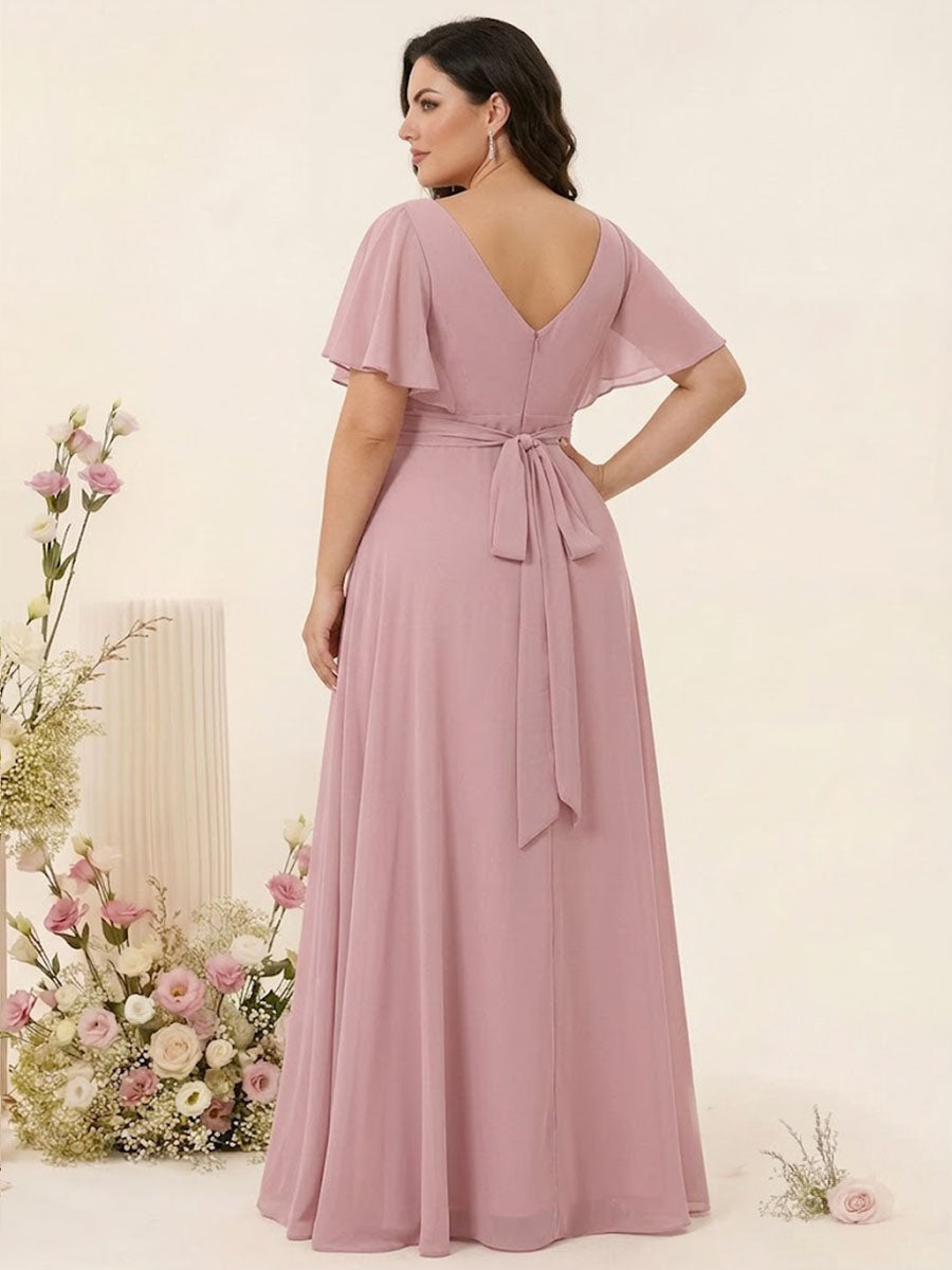 A-Line/Princess V-Neck Short Sleeves Chiffon Plus Size Bridesmaid Dresses with Pockets