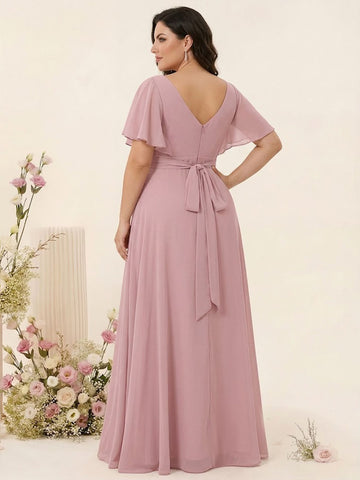 A-Line/Princess V-Neck Short Sleeves Chiffon Plus Size Bridesmaid Dresses with Pockets