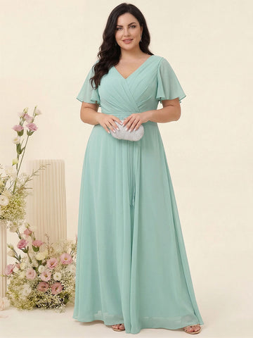 A-Line/Princess V-Neck Short Sleeves Chiffon Split Side Plus Size Bridesmaid Dresses with Pockets Belt
