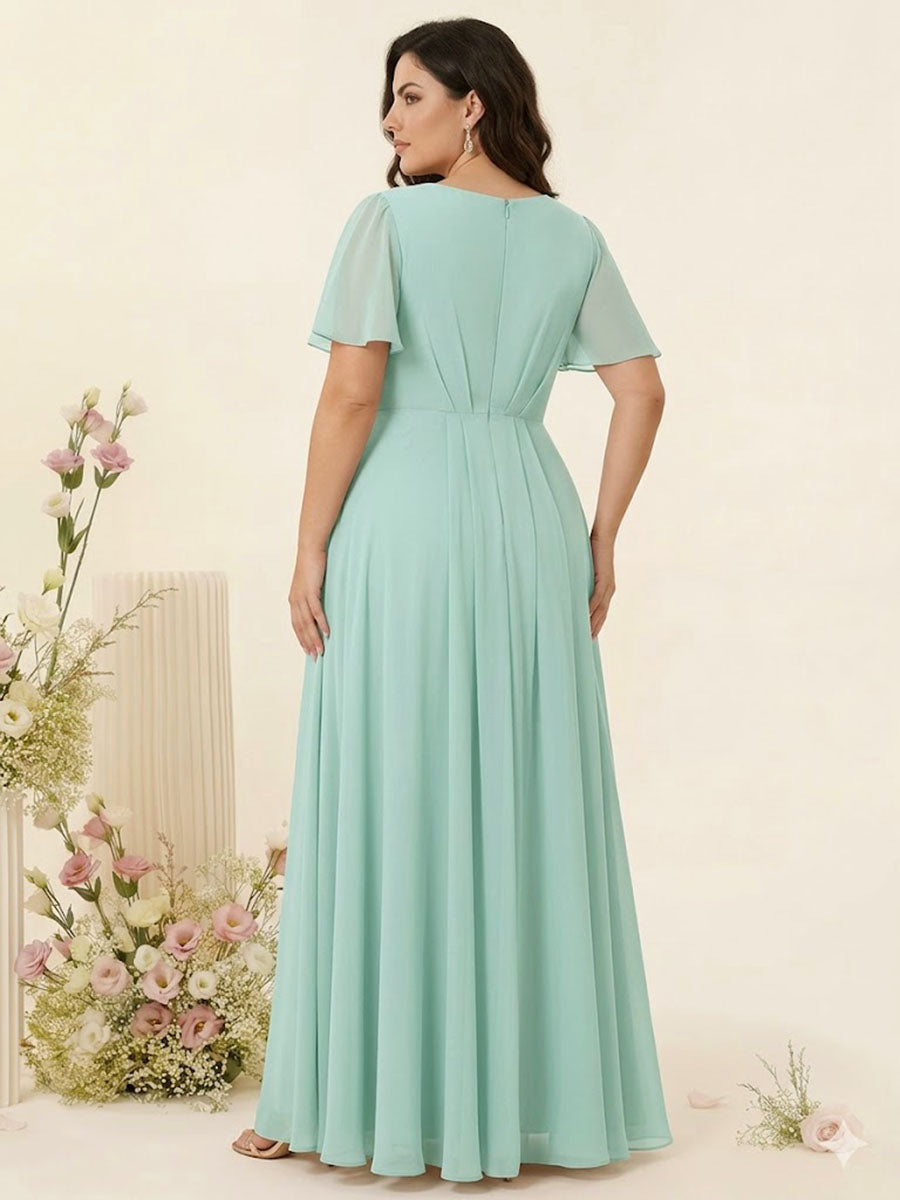 A-Line/Princess V-Neck Short Sleeves Chiffon Split Side Plus Size Bridesmaid Dresses with Pockets Belt