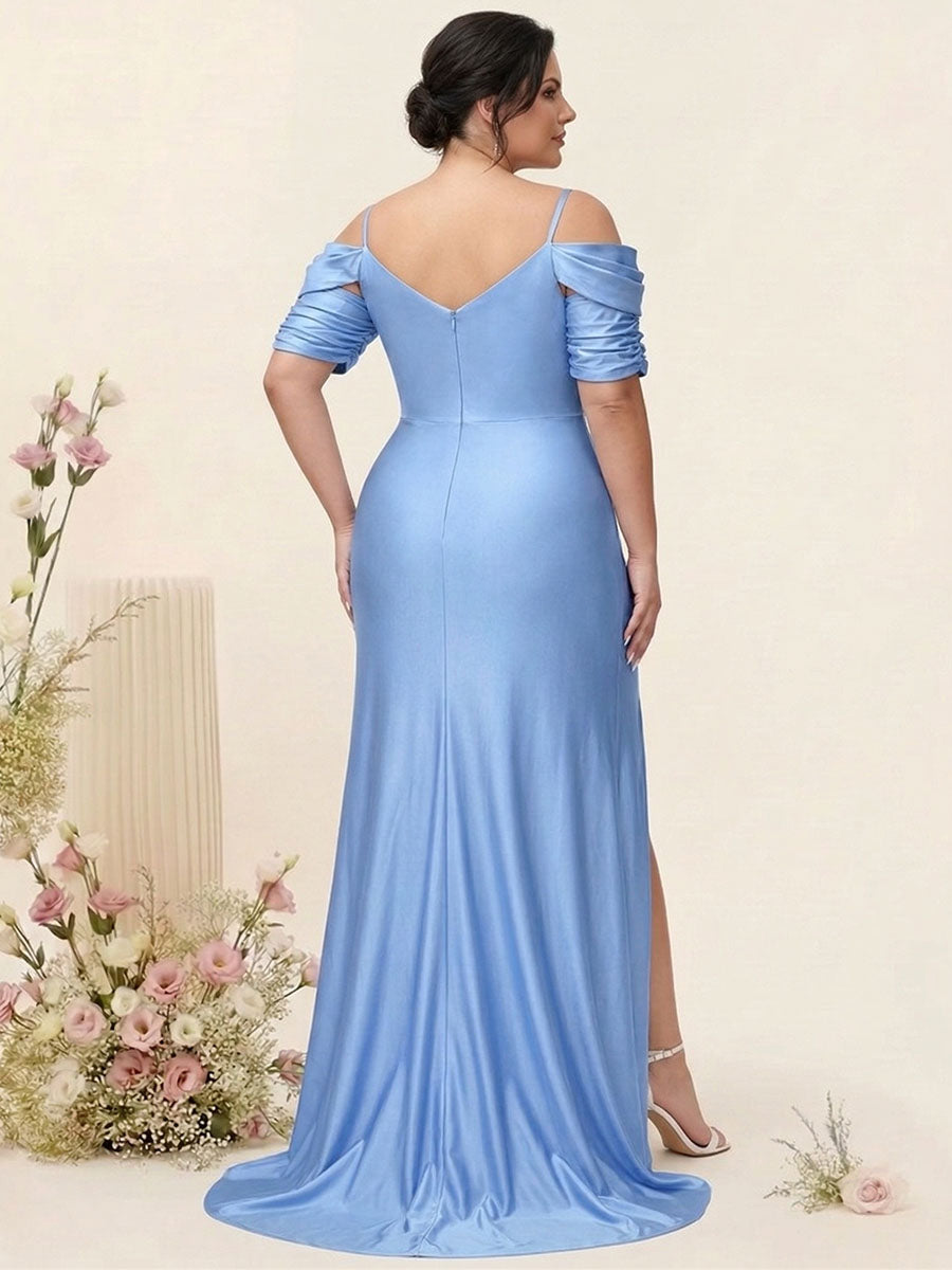 Mermaid Spaghetti Straps V-Neck Short Sleeves Plus Size Maxi Dresses with Split Side