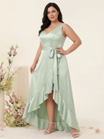 Sheath/Column V-Neck Sleeveless Ruffles High Low Plus Size Dresses with Pockets & Sash