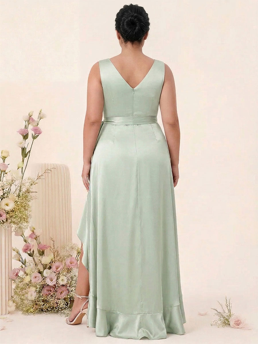 Sheath/Column V-Neck Sleeveless Ruffles High Low Plus Size Dresses with Pockets & Sash