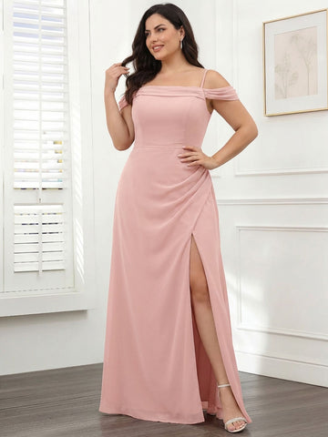 Sheath/Column Spaghetti Straps Off-the-Shoulder Chiffon Split Side Plus Size Bridesmaid Dresses