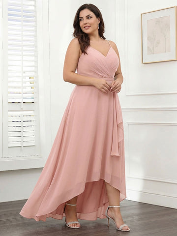 A-Line/Princess Spaghetti Straps Chiffon Ruffles Asymmetrical Plus Size Bridesmaid Dresses with Pockets