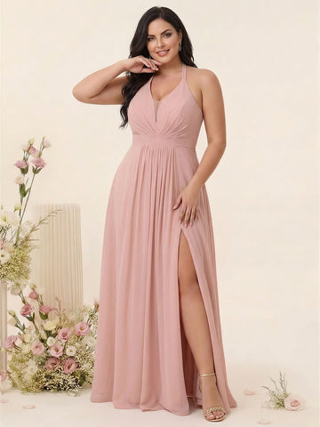 A-Line/Princess Halter Sleeveless Chiffon Ruched Split Side Plus Size Bridesmaid Dresses with Pockets
