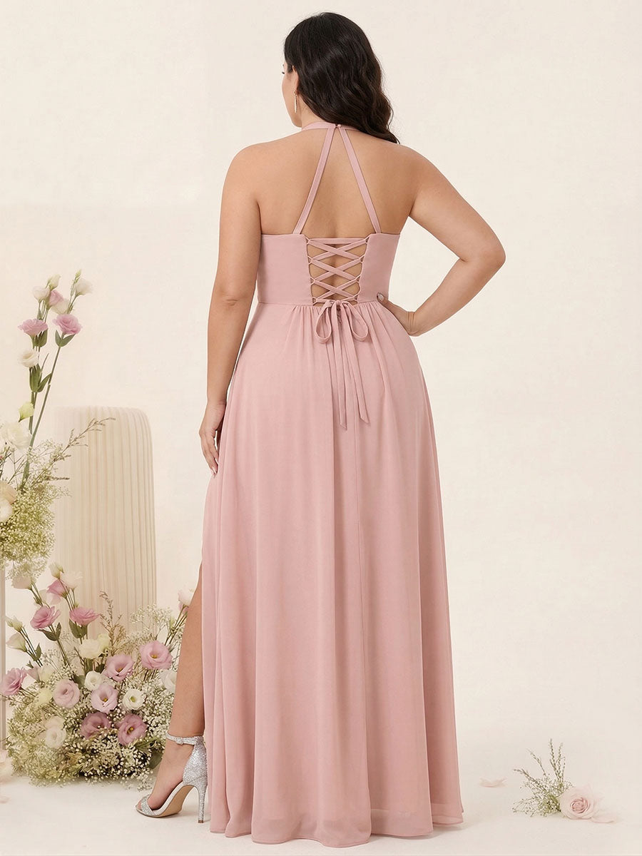 A-Line/Princess Halter Sleeveless Chiffon Ruched Split Side Plus Size Bridesmaid Dresses with Pockets