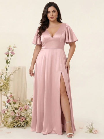 A-Line V-Neck Half Sleeves Silk Satin Plus Size Bridesmaid Dresses with Pockets