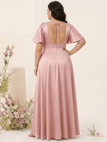 A-Line V-Neck Half Sleeves Silk Satin Plus Size Bridesmaid Dresses with Pockets