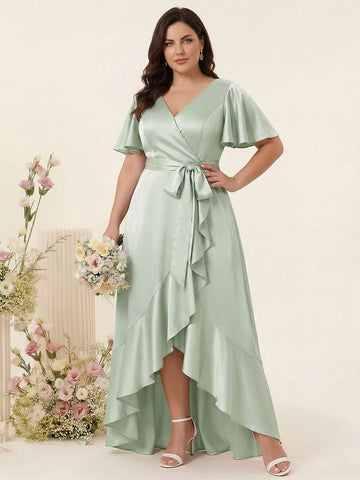 Sheath/Column V-Neck Short Sleeves Ruffles Asymmetrical Plus Size Dresses with Pockets & Sash