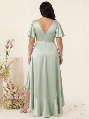 Sheath/Column V-Neck Short Sleeves Ruffles Asymmetrical Plus Size Dresses with Pockets & Sash