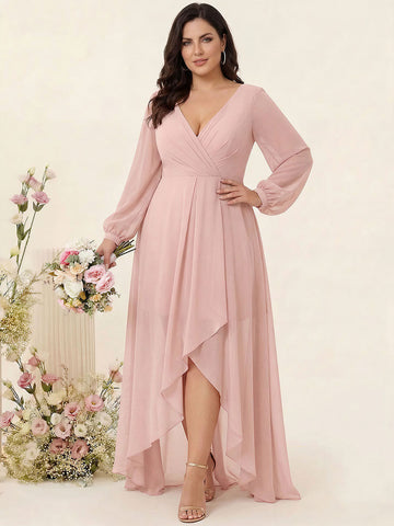 A-Line/Princess V-Neck Long Sleeves Chiffon Ruched Asymmetrical Plus Size Bridesmaid Dresses with Pockets
