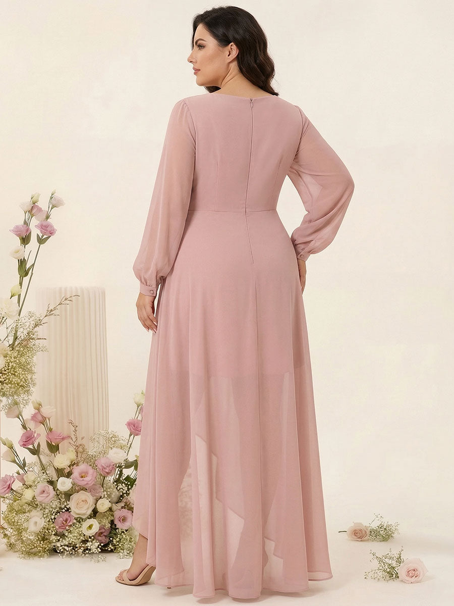 A-Line/Princess V-Neck Long Sleeves Chiffon Ruched Asymmetrical Plus Size Bridesmaid Dresses with Pockets