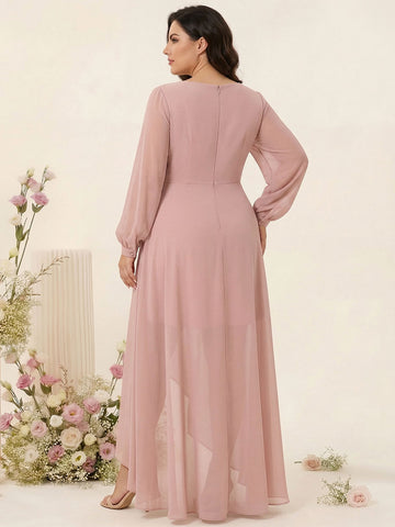 A-Line/Princess V-Neck Long Sleeves Chiffon Ruched Asymmetrical Plus Size Bridesmaid Dresses with Pockets