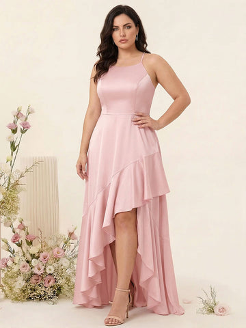 A-Line/Princess Spaghetti Straps Sleeveless Ruffles Asymmetrical Plus Size Bridesmaid Dresses