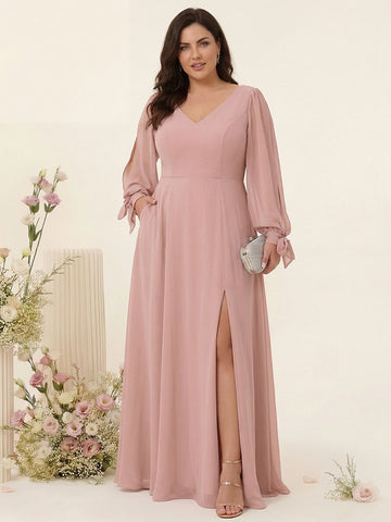 A-Line/Princess V-Neck Long Sleeves Chiffon Split Side Plus Size Bridesmaid Dresses with Pockets