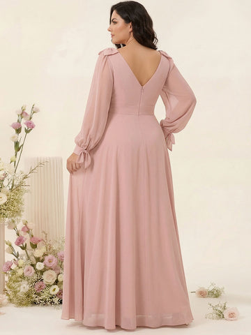 A-Line/Princess V-Neck Long Sleeves Chiffon Split Side Plus Size Bridesmaid Dresses with Pockets