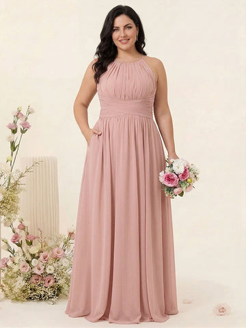 A-Line/Princess Spaghetti Straps Sleeveless Chiffon Ruched Plus Size Bridesmaid Dresses with Pockets