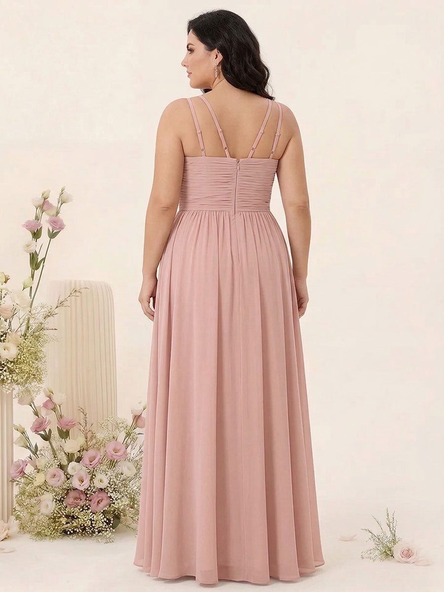 A-Line/Princess Spaghetti Straps Sleeveless Chiffon Ruched Plus Size Bridesmaid Dresses with Pockets