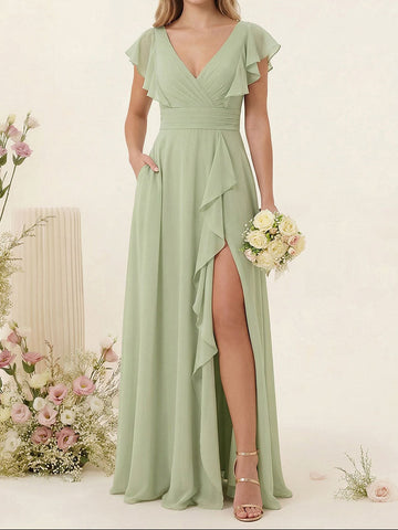 A-Line/Princess V-Neck Long Bridesmaid Dresses with Ruffles