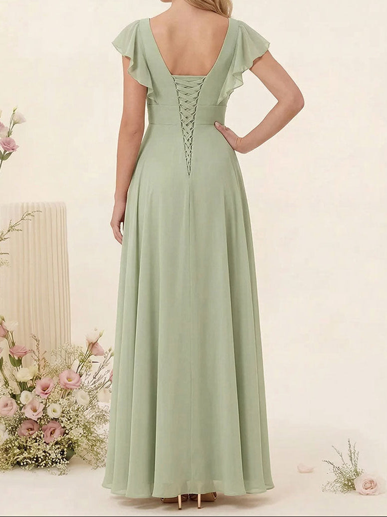 A-Line/Princess V-Neck Long Bridesmaid Dresses with Ruffles