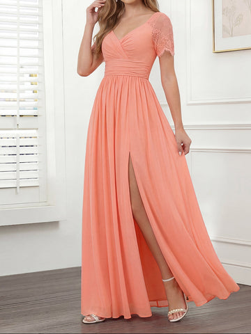 A-Line/Princess V-Neck Long Bridesmaid Dresses with Split Side