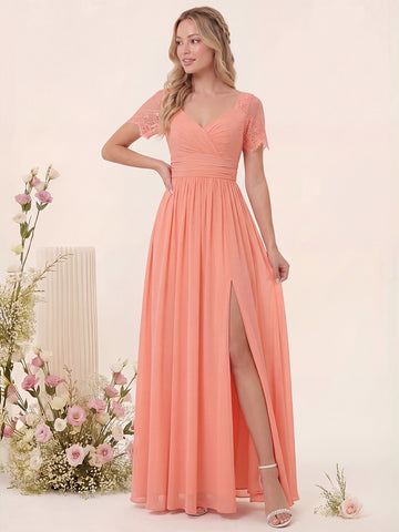 A-Line/Princess V-Neck Long Bridesmaid Dresses with Split Side