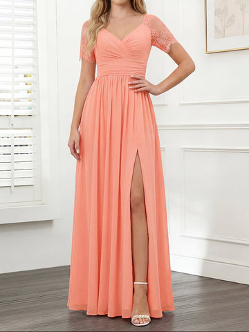 A-Line/Princess V-Neck Long Bridesmaid Dresses with Split Side