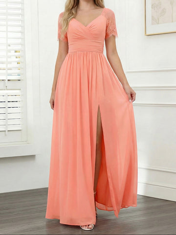A-Line/Princess V-Neck Long Bridesmaid Dresses with Split Side