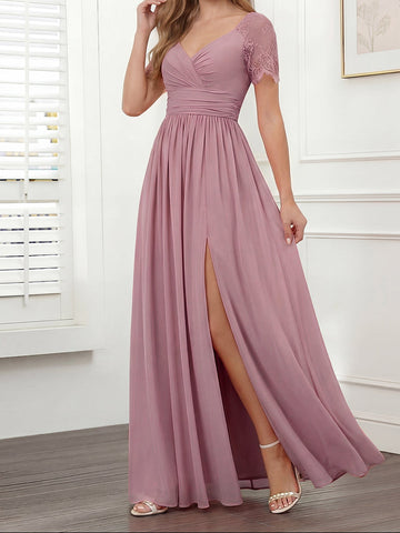 A-Line/Princess V-Neck Long Bridesmaid Dresses with Split Side
