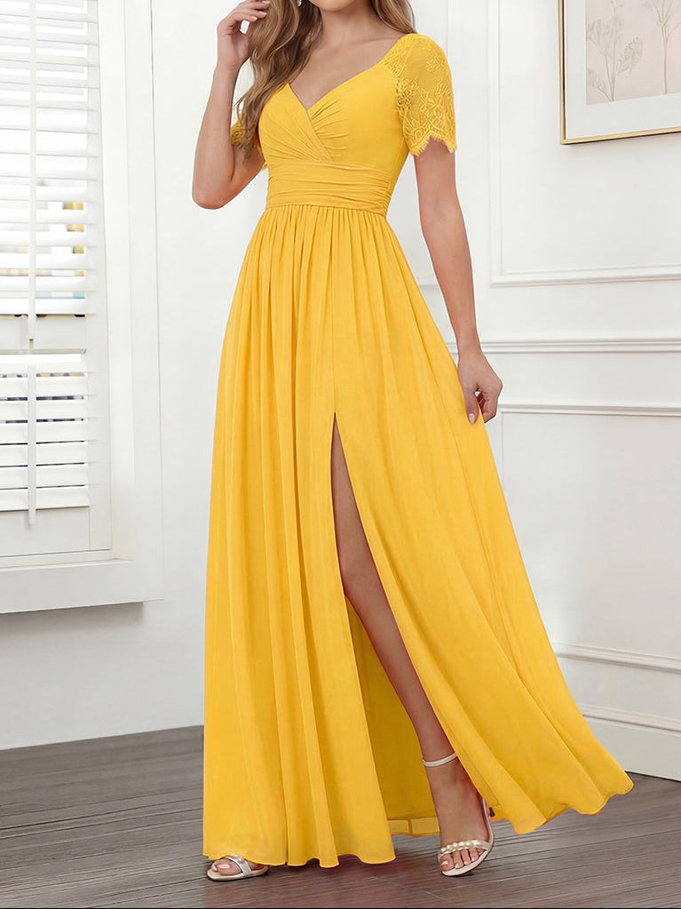 A-Line/Princess V-Neck Long Bridesmaid Dresses with Split Side