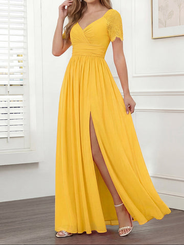 A-Line/Princess V-Neck Long Bridesmaid Dresses with Split Side