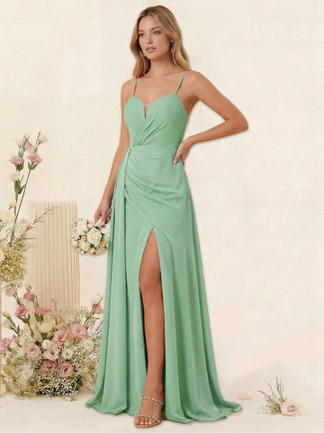 Sheath/Column Spaghetti Straps Long Formal Dresses with Split Side & Ruched