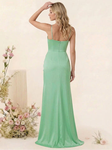Sheath/Column Spaghetti Straps Long Formal Dresses with Split Side & Ruched