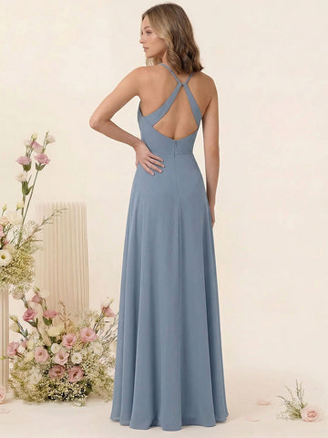 A-Line/Princess Spaghetti Straps Long Bridesmaid Dresses with Split Side & Pockets