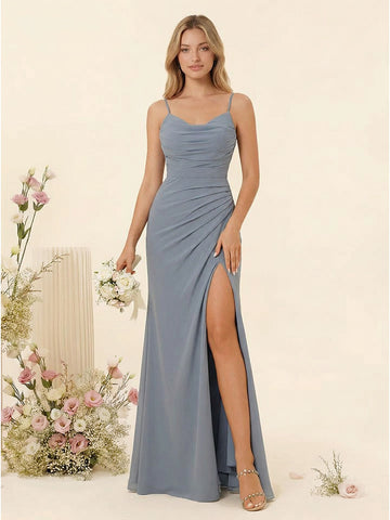 Sheath/Column Spaghetti Straps Long Bridesmaid Dresses with Split Side & Ruched